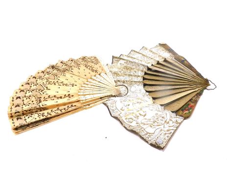 A 19thC Continental paper fan, printed with a reserve of a fete gallant, gilt baskets and rococo scrolls, with printed sticks