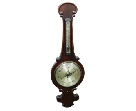 An early 19thC rosewood cased wheel barometer, with silver dial, and thermometer, 100cm high.