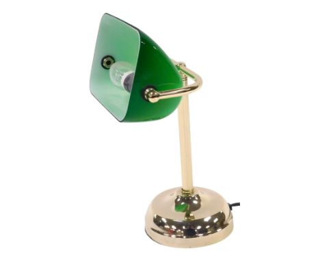 A brass table lamp, with a green and white glass angular shade, 30.5cm high.