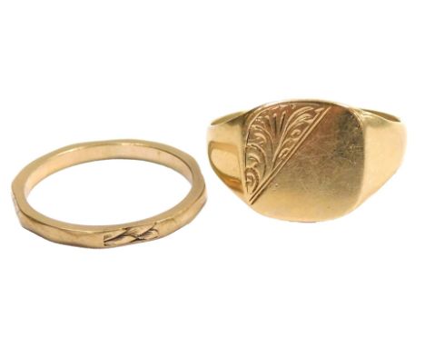 A narrow 9ct gold faceted wedding band, size O, together with a gentleman's 9ct gold signet ring, the table partially foliate
