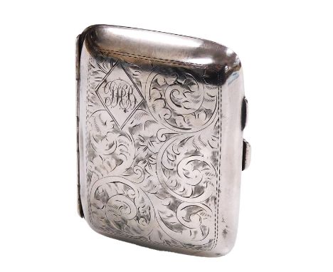 A George V silver cigarette case, with engraved foliate decoration, diamond reserve monogram engraved, Birmingham 1929, 1.56o