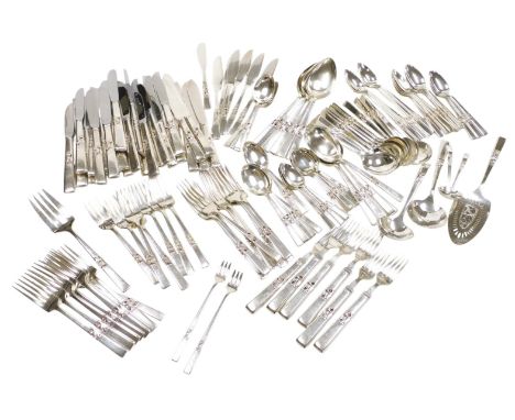 A suite of silver plated Coronation pattern flatware, six place settings, and more, together with servers, etc. (a quantity)