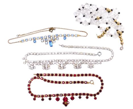Three 1950's paste set necklaces, together with a string of crystal beads. (4)
