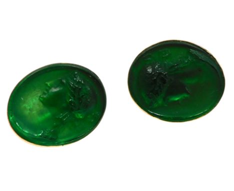 A pair of green glass cameo cufflinks, bust portrait of a Roman lady, in yellow metal mounts, 22.5g.
