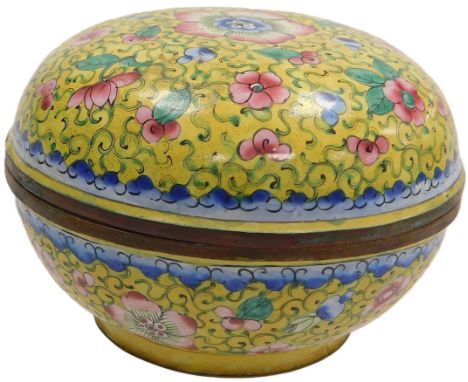 A Qing dynasty/Republic period Chinese enamel seal paste pot and cover, decorated with pink flowers on an imperial yellow gro