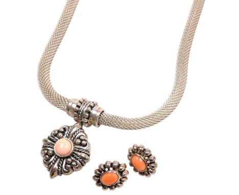 A Joseph Esposito coral set pendant, on a hollow mesh necklace, stamped silver, together with a pair of matching earrings, ca