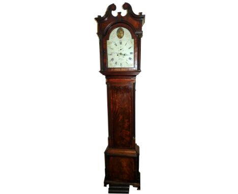 A 19thC longcase clock, the arched painted dial stamped L Chambley, off Hampton, eight day movement, in figured mahogany, che
