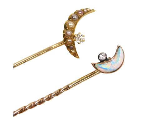 A crescent opal and diamond tie pin, in yellow metal, together with a seed pearl and diamond set crescent moon tie pin, in ye