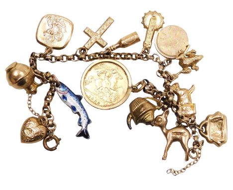A belcher link charm bracelet, on a bolt ring clasp, with safety chain as fitted, yellow metal, unmarked, together with twelv