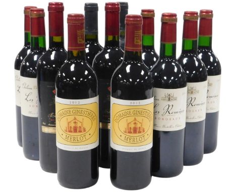 Seven bottles of Chateau Les Remises Bordeaux 2005, two bottles of Domaines Ginestieres merlot 2012, and three further bottle