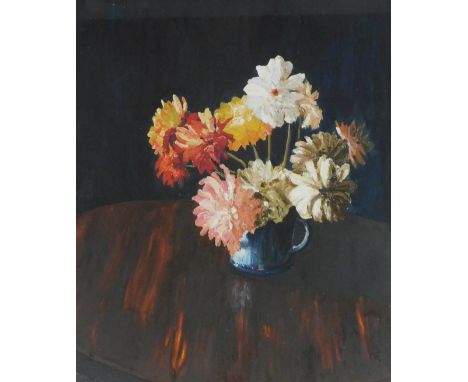 Frank Wells (British 20thC). Still life of flowers and a mug on a table, oil tempera, signed, dated '64, 60cm x 49cm.