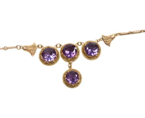 An Egyptian rose gold and imitation alexandrite necklace, the four brilliant cut synthetic corundum in circular claw settings