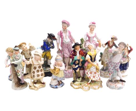 Assorted 19thC continental porcelain figures, including Sitzendorf, together with a Sampson Derby porcelain figure of a bagpi