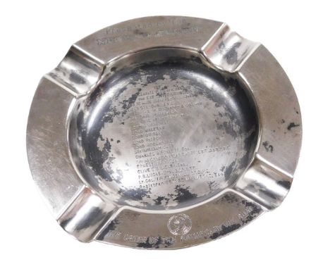 An Elizabeth II silver commemorative ashtray, presented by The News of the World, The Order of the Knights of the Road, to ce