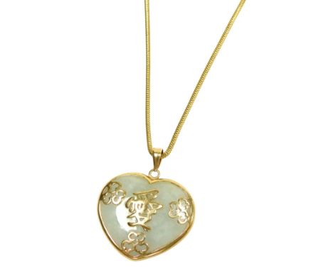 A Chinese 9ct gold and jade heart shaped pendant, on a snake link neck chain, with lobster claw clasp, 10.2g.