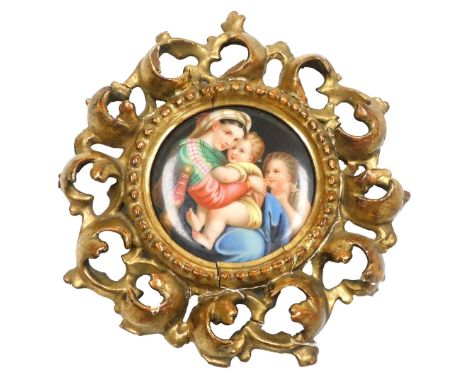 After Raphael (Italian 1483-1520). The Madonna Della Seggiola, watercolour on porcelain, in an ornate gilt frame, 8cm x 8cm.
