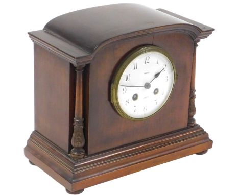 A late Victorian mahogany cased mantel clock, circular enamel dial bearing Arabic numerals, Japy Freres &amp; Cie eight day m