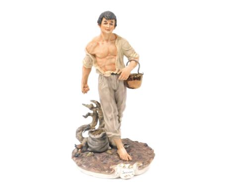 A Capodimonte porcelain figure of a 'Seminatore' by Milio, modelled in standing pose, with shirt open, and a pot full of seed