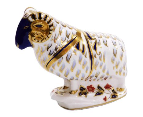 A Royal Crown Derby porcelain Imari paperweight, modelled as a ram, printed mark.