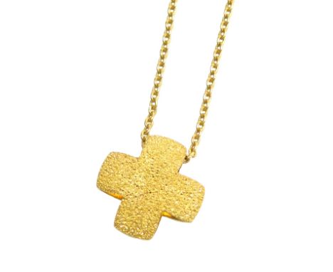 A pendant cross, of textured, open cushion form, stamped 375, on a 9ct gold fine belcher link neck chain, with a lobster claw