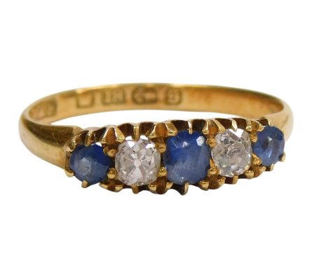 An 18ct gold sapphire and diamond five stone ring, in a claw setting, size O, 2.3g.