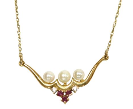 A 9ct gold ruby and CZ necklace, on a fine link neckchain, with bolt ring clasp, 2.7g.