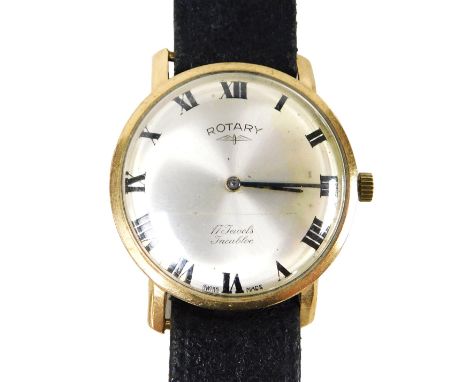 A Rotary gentleman's 9ct gold cased wristwatch, circular silvered dial bearing Roman numerals, Swiss 17 jewels movement, on a