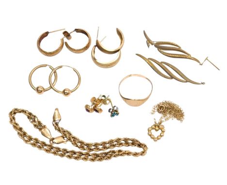 A 9ct gold double rope twist neckchain, on a lobster claw clasp, pairs and single earrings, lady's signet ring, and a sapphir