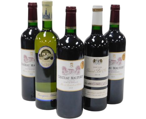Three bottles of Chateau Mauperey Castillon Cotes de Bordeaux 2015, a bottle of Chateau Gromel Bel Air Bordeaux Supérieur 201