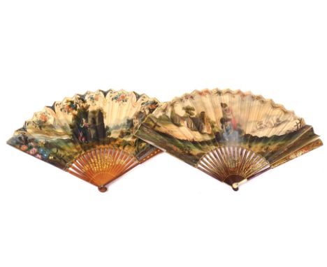 Two 19thC Continental paper fans, printed and painted with classical scenes, with gilt decorated bamboo sticks and guards, 25