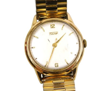 A Tissot gentleman's gold plated wristwatch, circular silvered dial bearing markers and Arabic numerals at 12 and 6, centre s
