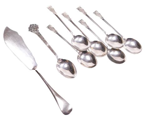 A set of six George V silver coffee spoons, Birmingham 1921, Elizabeth II silver Celtic design coffee spoon, Sheffield 1964, 