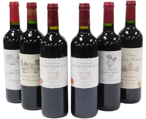 Assorted wine, including Chateau Tour de Barbereau Bordeaux 2018, L'Amour Cuvee Cupichon Medoc 2017, Chateau Le Bonalguet Bor