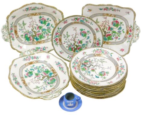 A late 19thC porcelain Indian Tree pattern part dessert service, probably Minton, comprising three shaped dishes, and ten pla