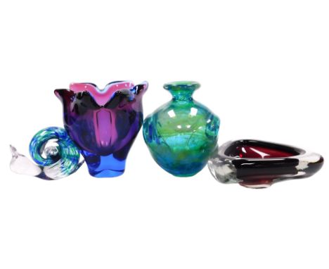 A Mdina blue glass vase, with swirl decoration, 14cm high, together with a Murano ruby glass ashtray, Chribska blue and ameth