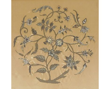A 19thC crewelwork embroidery, of a flowering tree, framed and glazed, 46cm x 45cm.  