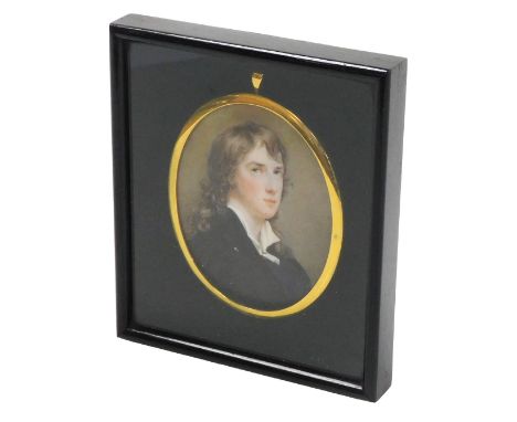 English School (early 19thC). Half length miniature portrait of a gentleman, with long flowing hair, watercolour, framed and 