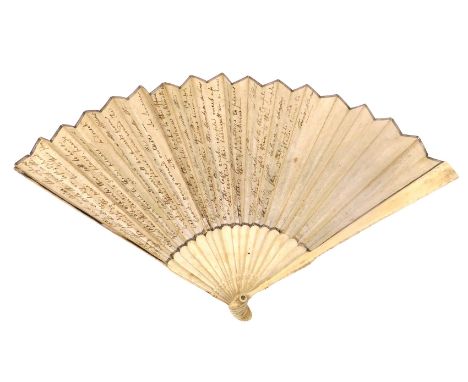 An early 19thC bone and paper fan, written in ink, with instructions, for various dances, 17.5cm long. 