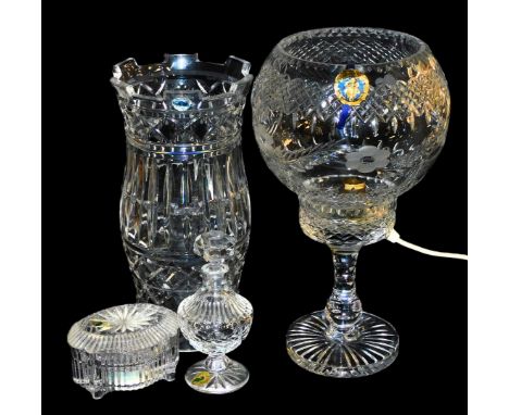 A Waterford Crystal vase, of crenulated form, 29cm high, together with a scent bottle and stopper, musical box and cover, pla