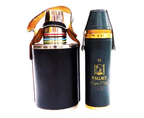 A West German 1960s leather bound double whisky flask, with four tots, with vari-coloured rims, 19cm high, together with a Wa
