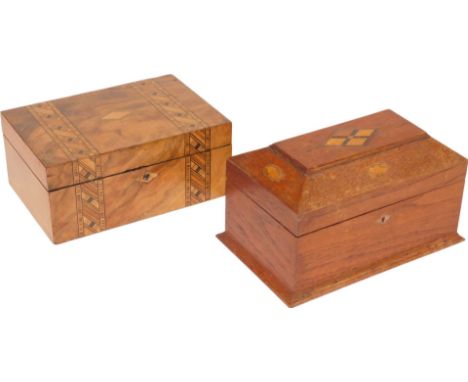 A Georgian oak sarcophagus tea caddy, converted to a jewellery casket, with shell paterae and other inlay, the hinged lid ope