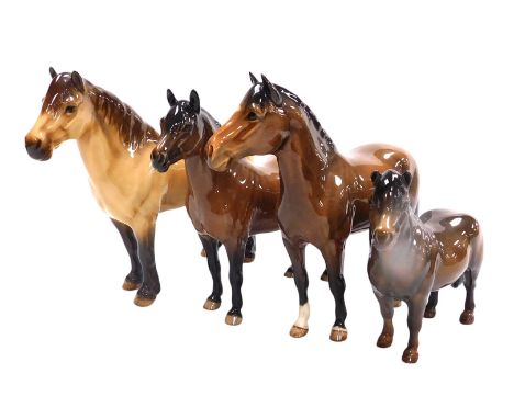 A Beswick pottery figure of a Highland horse, two brown gloss horses, and Shetland pony. (4)