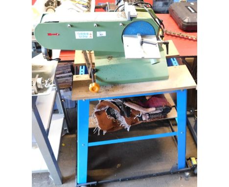 A Warco metal belt and disc grinder, on a portable stand.