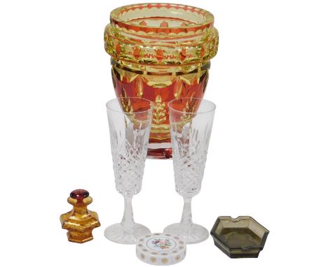 A pair of Waterford crystal Colleen pattern champagne flutes, Joseph Simon cut glass Nordique flashed vase, 20.5cm high, Dom 