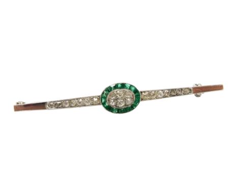 An Art Deco emerald and diamond bar brooch, set in unmarked white metal, in a Collingwood (Jewellers) Ltd box, 3.5g.