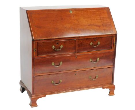 A late 19thC mahogany and chequer banded bureau, the fall enclosing an inlaid fitted interior above two short and two long dr