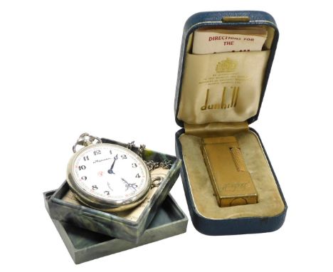 A Dunhill gold plated pocket lighter, with engine turned decoration, monogram engraved, boxed, together with a USSR pocket wa