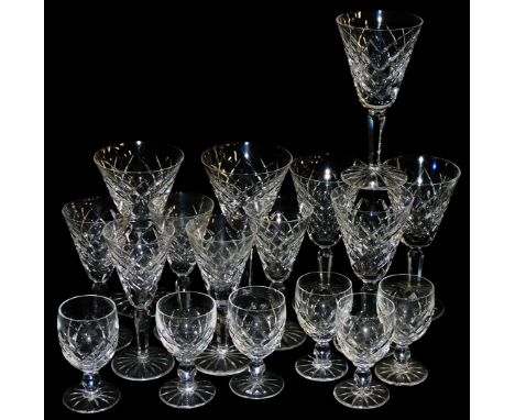 A part suite of Waterford Tyrone pattern glassware, comprising two red wine glasses, four white wine glasses, five sweet wine