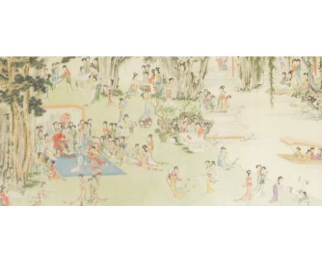 Chinese School (20thC). Ladies in a garden, watercolour, signed with seal mark, 70cm x 126cm.