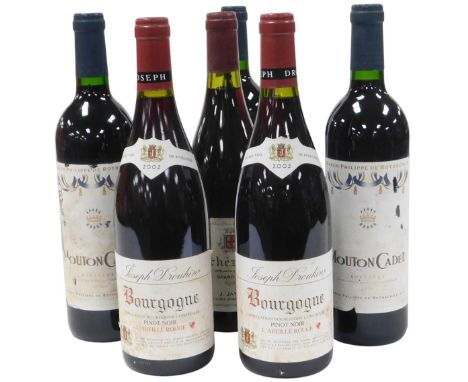 Three bottles of Baron Philippe de Rothschild Mouton Cadet Bordeaux 1998, two bottles of Joseph Broutin Bourgogne pinot noir 